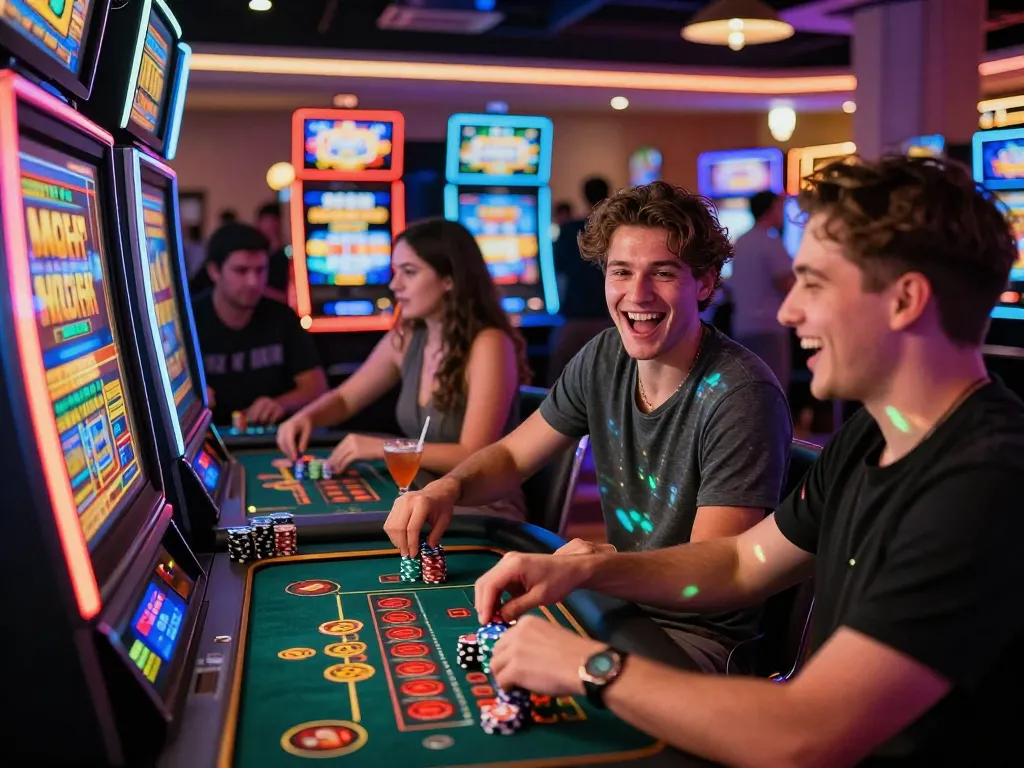 Friends enjoying wraungtoto games in a lively casino, showcasing excitement and fun.