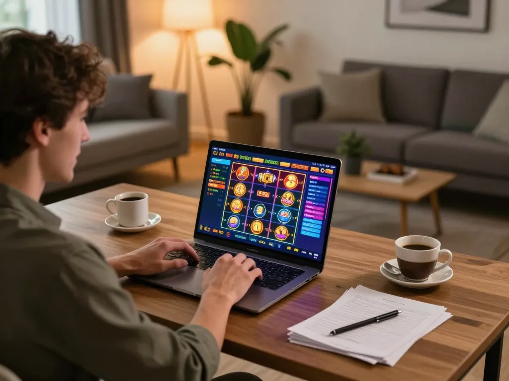 Player immersed in kp88 online slots, enjoying safe and fun gaming experience at home