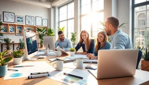 Visualize a team working on website design essex projects in a bright, modern office.