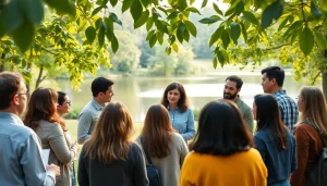 Engaging community discussion on mental health awareness in a serene park setting.