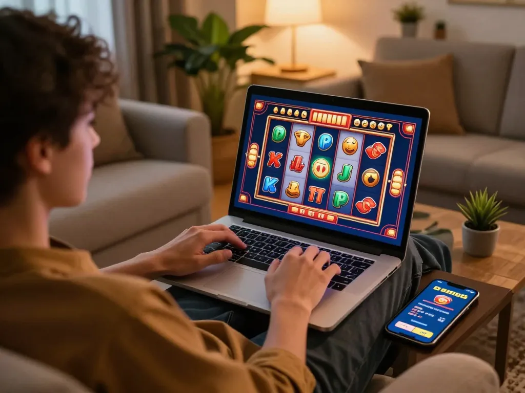 Engaging online gaming setup at home with a person enjoying slots on https://n188.build/ laptop, cozy atmosphere and lively graphics.
