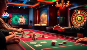 Exciting poker action at 98WIN casino table with vibrant chips and cards.