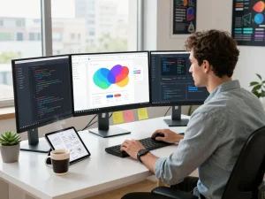 Web developer using an AI website builder in a modern workspace with dual monitors.