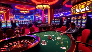 Jun88 players enjoying an exciting casino atmosphere with roulette and poker games.