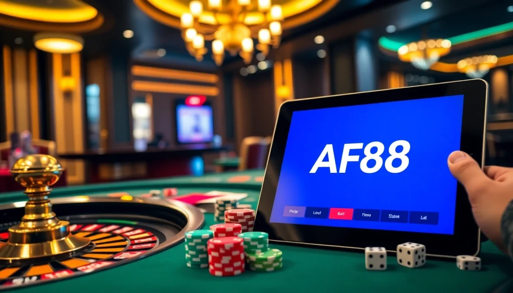 Engaging gamblers at AF88 casino with a vibrant poker table and roulette wheel.