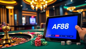 Engaging gamblers at AF88 casino with a vibrant poker table and roulette wheel.
