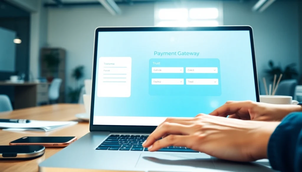 User interacting with a payment gateway on a laptop in a modern office.