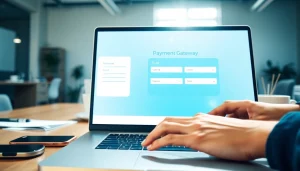 User interacting with a payment gateway on a laptop in a modern office.