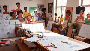 A vibrant studio showcasing African American cartoons with character designs and art supplies.