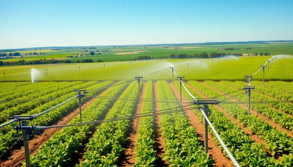 Illustration of land irrigation systems enhancing crop growth in a vibrant agricultural setting.