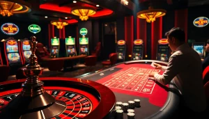 Experience thrilling casino action at https://68vip.trade/ with players surrounded by colorful poker chips and roulette tables.