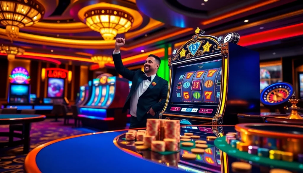 Player wins on a slot gacor machine in a luxurious casino setting filled with excitement.