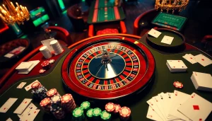 Experience the thrill of gambling at https://23win.cooking/ with a dynamic casino scene featuring roulette, poker chips, and cards.