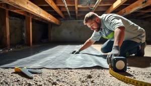 Vapor Barrier Installation process highlights a worker positioning the barrier in a crawl space.