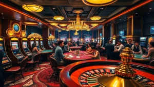 Jeu à enjeux élevés dans un casino en ligne avec des machines à sous vibrantes et une action intense de poker.