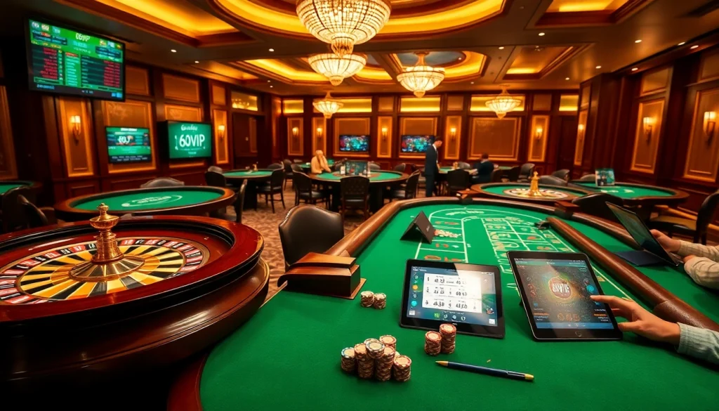 Experience the thrill of gaming with 68VIP's luxurious casino atmosphere, featuring vibrant roulette and poker tables.