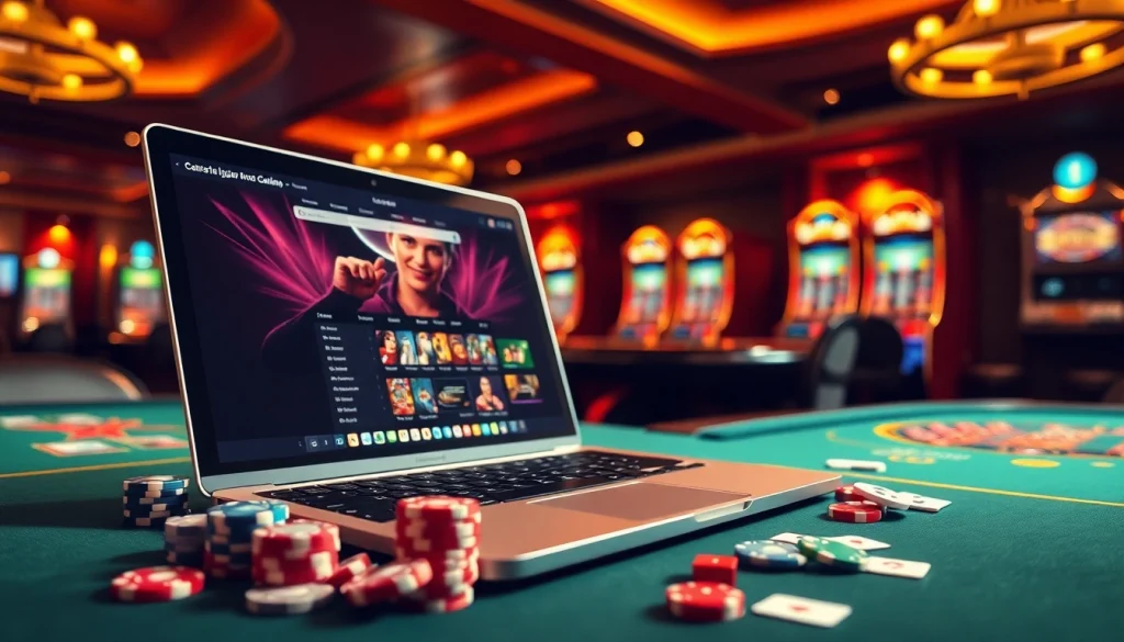 Excitation du jeu dans un luxueux casino en ligne avec des jetons de poker et des machines à sous.
