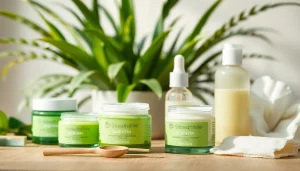 Prirodna kozmetika prikazana na drvenom stolu sa biljnim sastojcima.