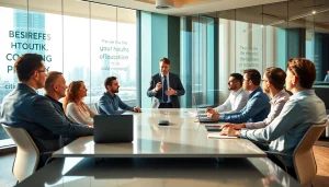 Business coach California guiding a diverse team in a modern office space.