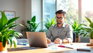 How to manage a small business effectively, showcasing an engaged entrepreneur at a bright workspace.