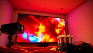 ดูหนังออนไลน์ ผ่านจอภาพยนตร์ในห้องดูหนังอบอุ่น แสงอบอุ่นจากโปรเจคเตอร์