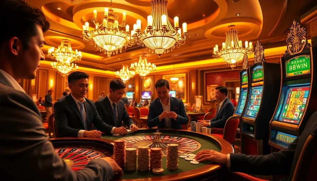 Experience the excitement at 98win with players strategizing at the poker table under luxurious lighting.