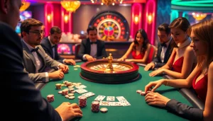 High-stakes poker game showcasing aresgacor, featuring elegant players, chips, and roulette wheel in a thrilling casino setting.