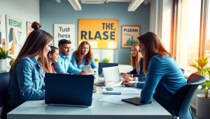 Dynamic team at a press release agency working together on a project in a modern office.