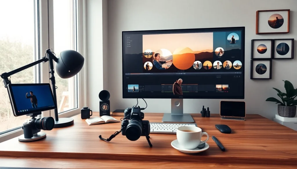 A circular photo editing workspace showcasing various round photos on a computer screen with warm lighting.