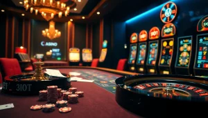 Découvrez le divertissement d'un casino en ligne avec des jetons de poker vibrants et une roue de roulette.