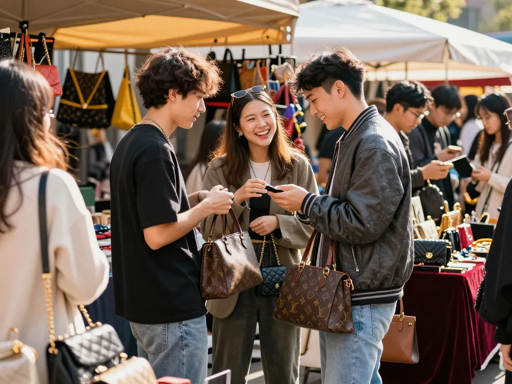 Young shoppers exploring stylish 레플리카 fashion items at a vibrant market.