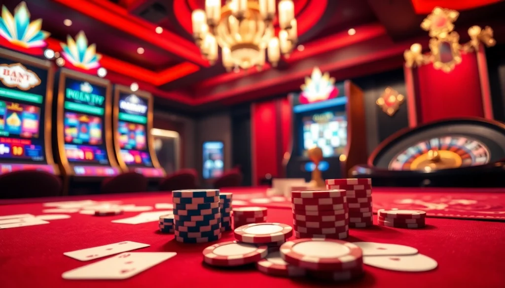 Expérience passionnante de casino en ligne avec des jetons de poker, des cartes, et des machines à sous vibrantes.