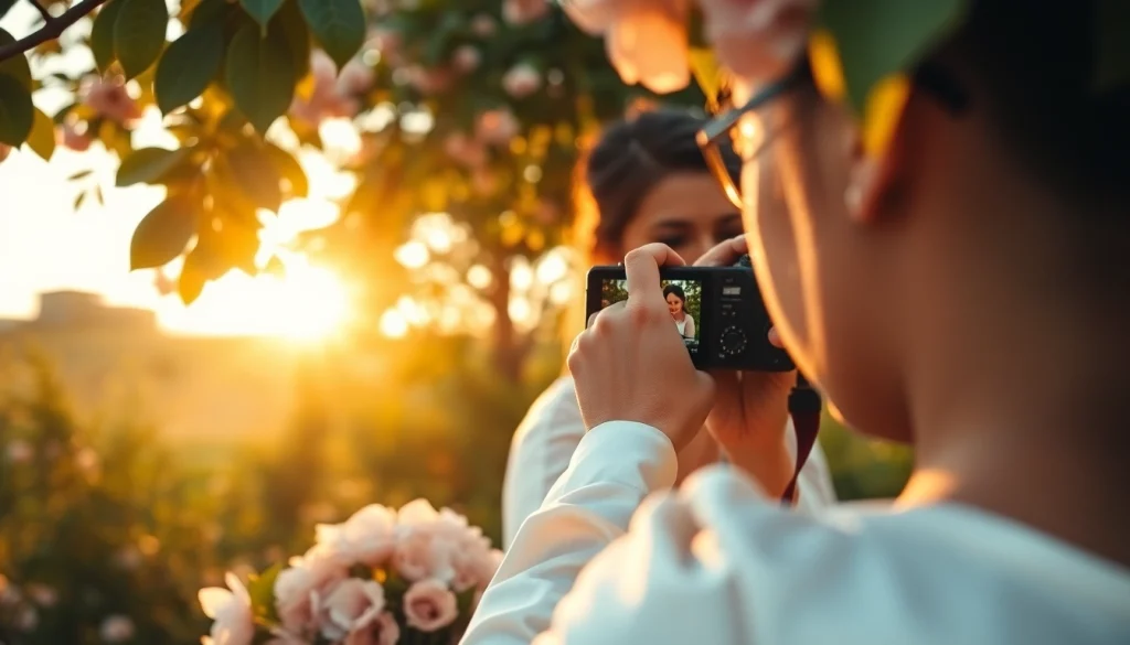 Wedding photographer capturing a couple's intimate moment during sunset outdoors.