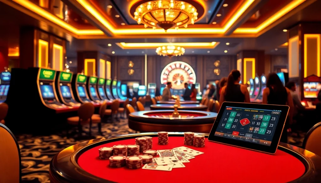 Experience RR88's vibrant casino atmosphere with luxury poker tables and joyous gamblers.