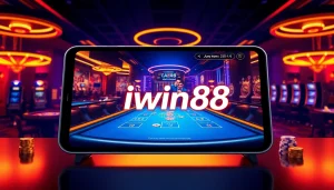 Iwin68 gamblers strategizing at an online casino interface with poker tables and slot machines.