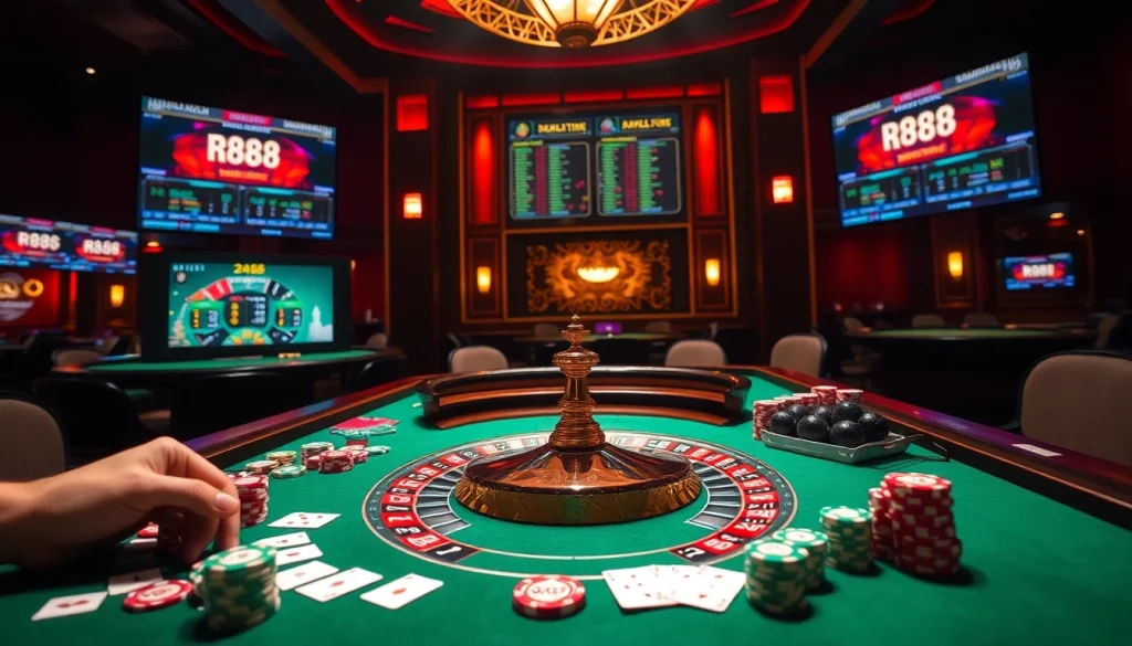 RR88 casino scene featuring roulette wheel and vibrant poker chips for an exciting experience.