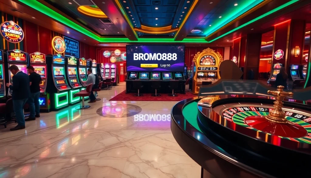 BROMO888 invites players to engage with exciting slot machines in a luxurious casino setting.