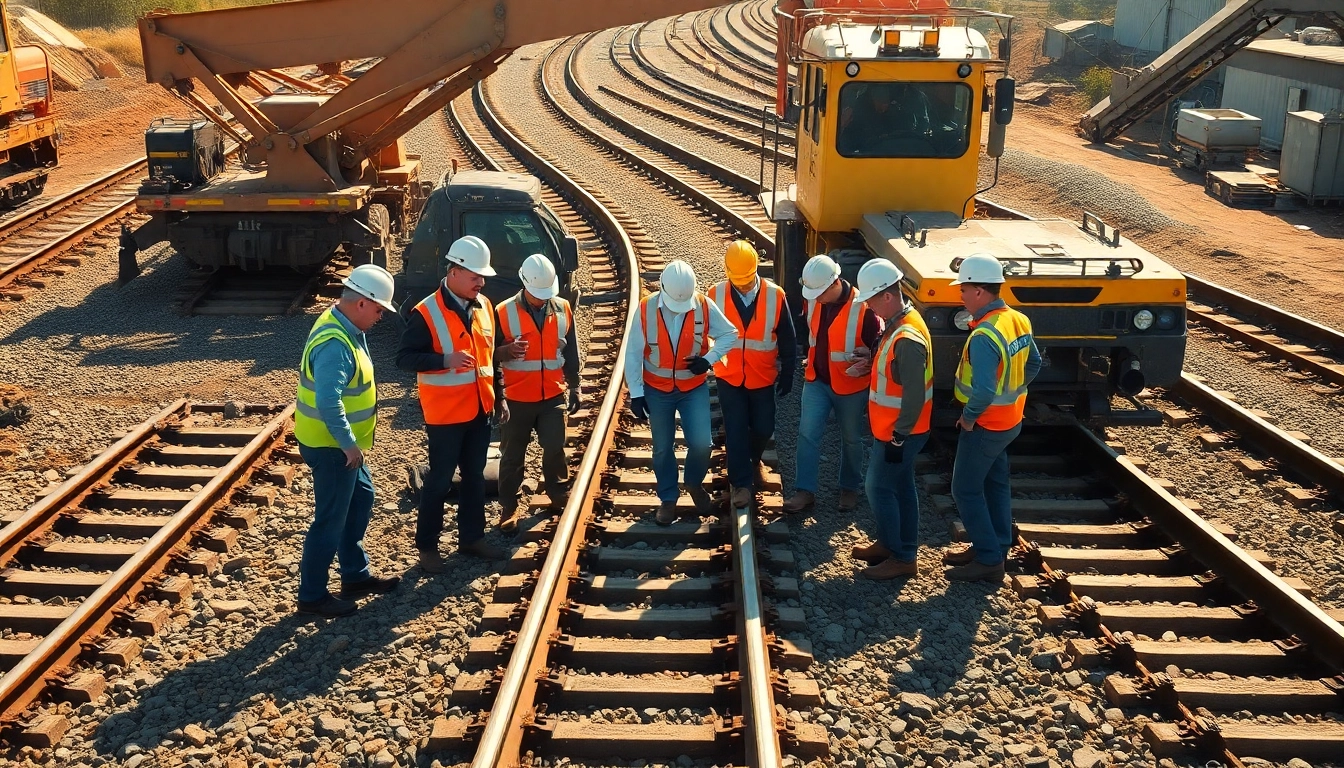 Railroad Contractors Near Me collaborating on a construction site, showcasing teamwork and machinery.