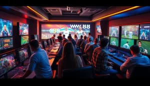 Exciting gaming scene at https://ww888.io/ showcasing players in a high-tech gaming lounge with casino and sports elements.
