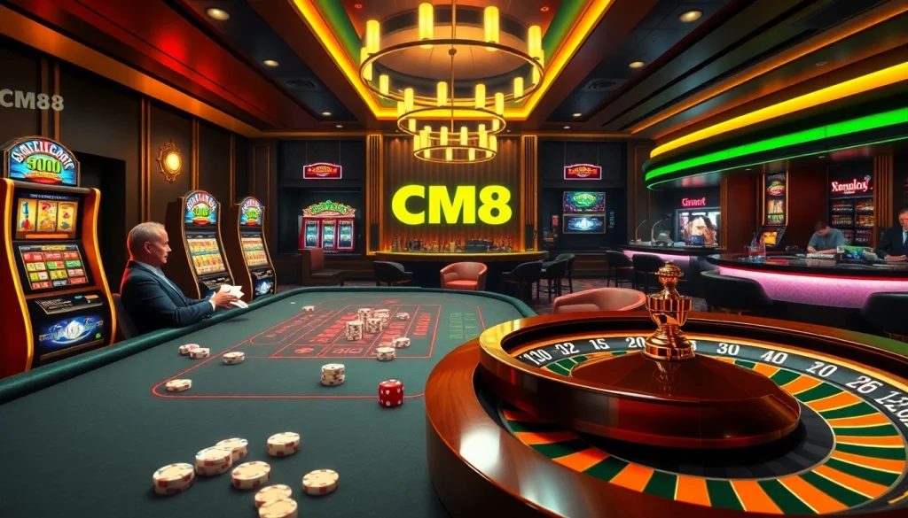 Engaging scene of online gambling at cm88.com with high-stakes poker, slot machines, and roulette.