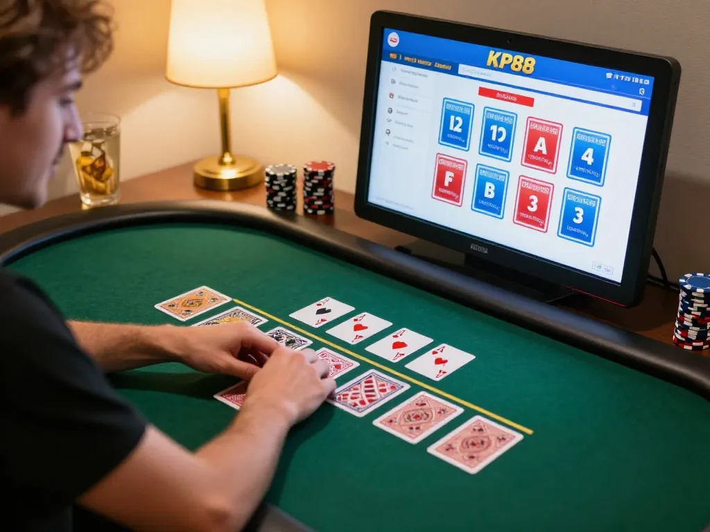 Excited player at KP88 online casino engages in live dealer poker game from home setup