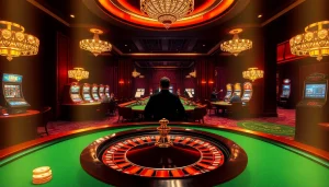Mega casino gaming atmosphere with roulette wheel, blackjack tables, and glowing slot machines.