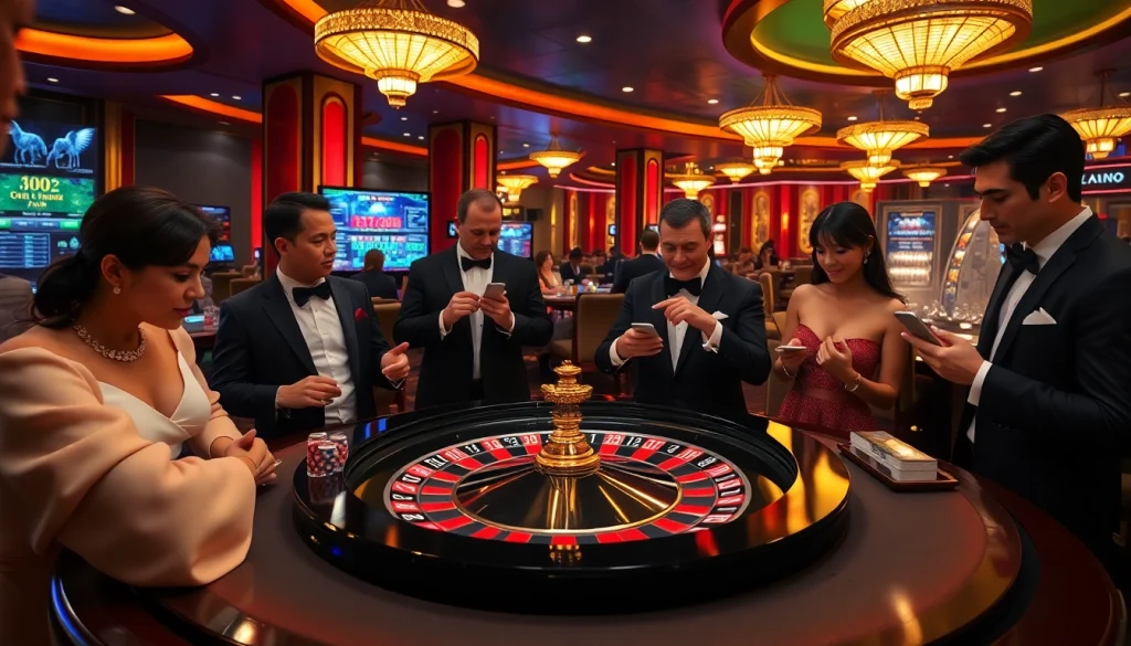 Action passionnante de casino en ligne, scène de casino luxueuse avec roulette, joueurs et interfaces numériques.