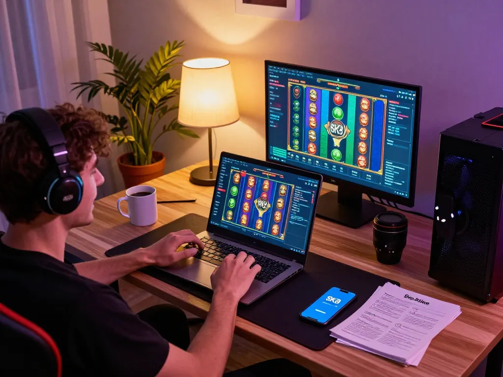 Gamer enjoying 8K8 online casino gaming on a laptop in a cozy home setting.