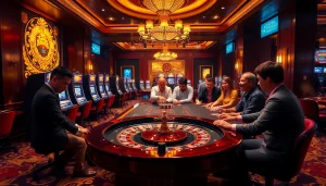 Experience the excitement of QQ88 with players enjoying luxury casino games around a roulette table.