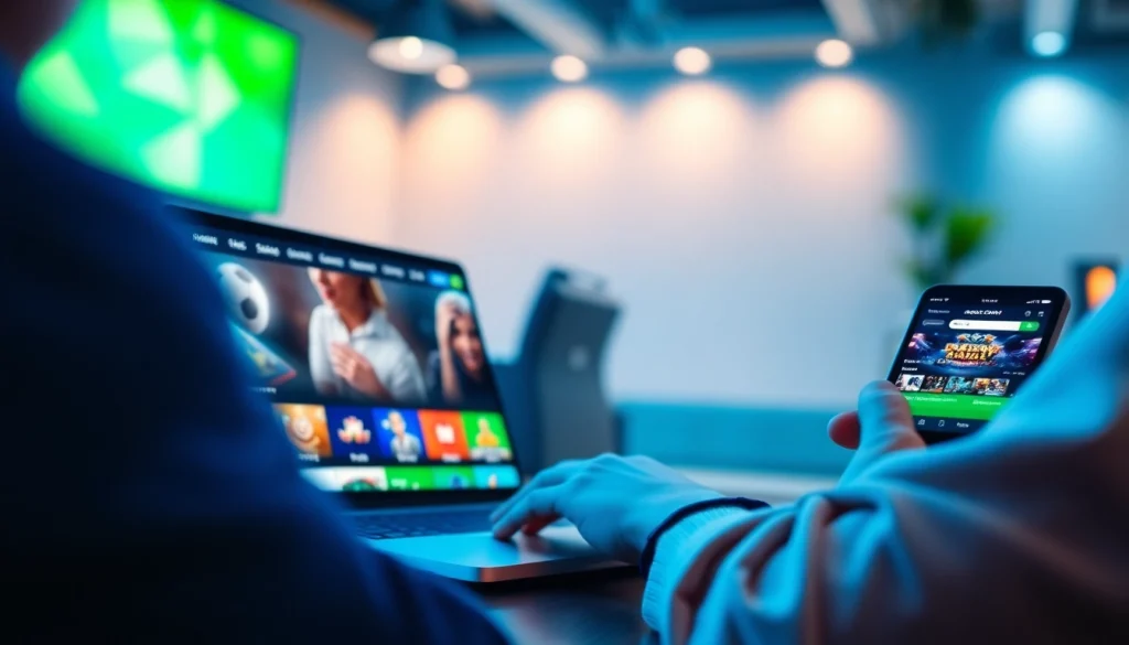 Engaging scene of a user exploring the OPEN88 online entertainment platform on devices, emphasizing modern design.