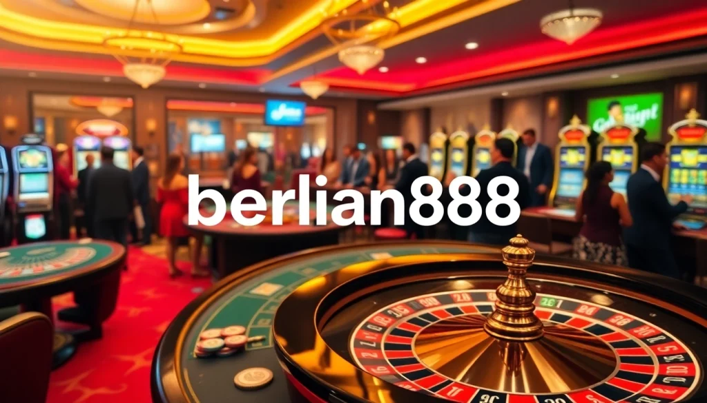 Excited players enjoying berlian888 casino games with vibrant slot machines and roulette tables.