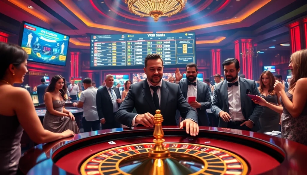 Experience thrilling V9bet casino action with vibrant gaming tables and eager players.
