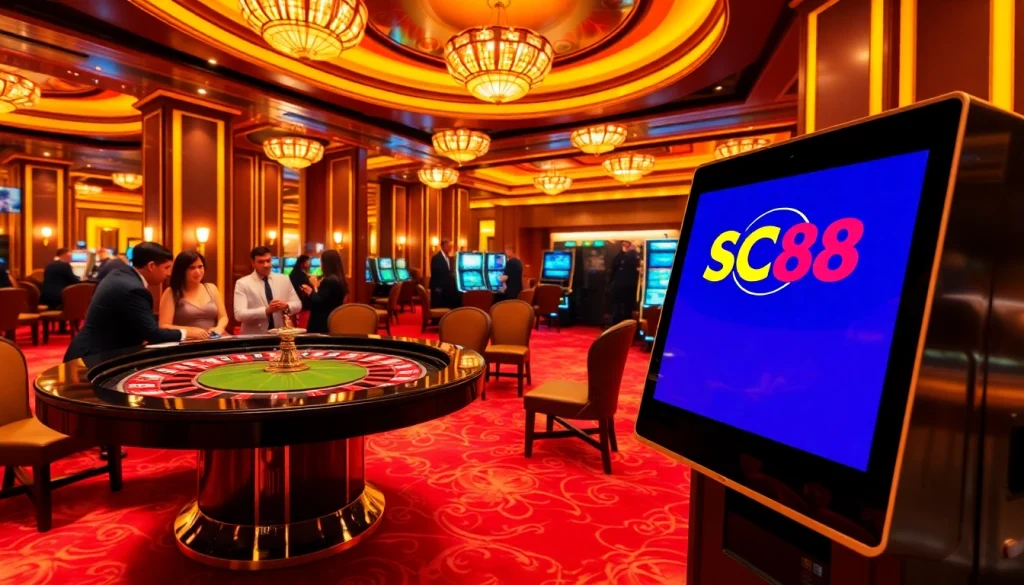 Engaged players strategizing bets at SC88, with a vibrant casino atmosphere featuring poker chips and roulette wheels.