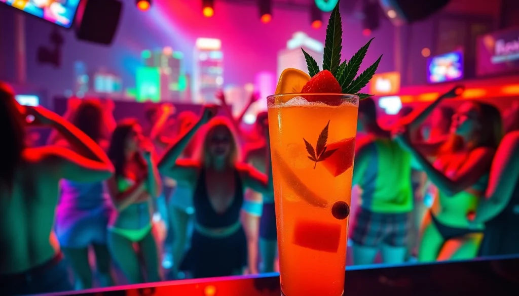 A lively Miami rave showcasing CBD drinks that energize the party atmosphere.